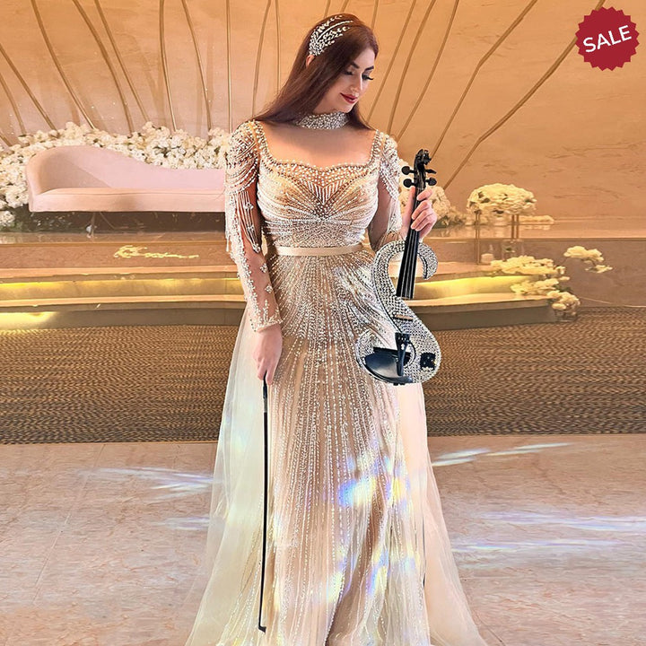 Dreamy Vow Luxury Champagne Mermaid Dubai Evening Dress with Detachable Overskirt Arabic Women Wedding Formal Party Gowns 265