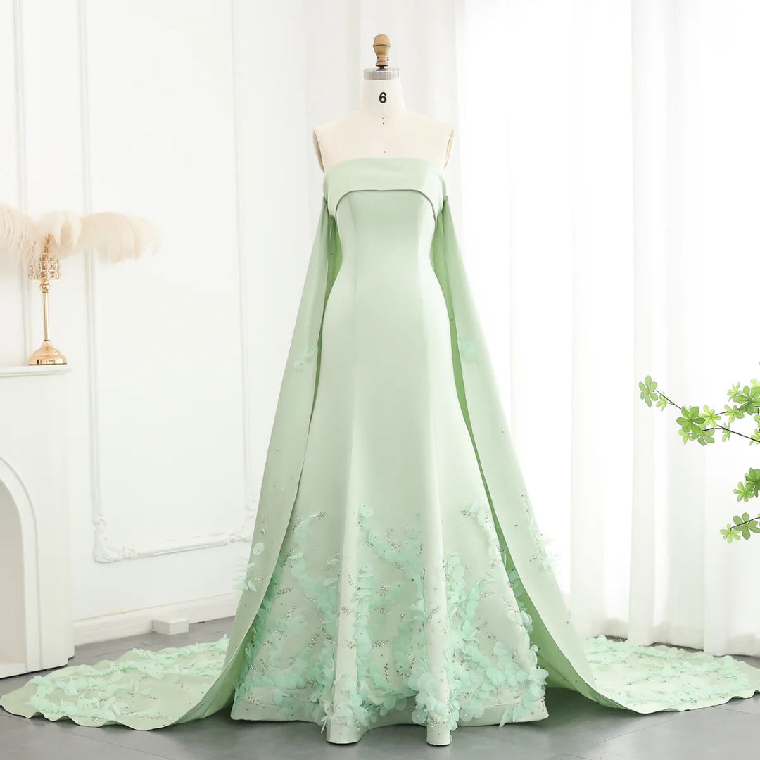 Dreamy Vow Luxury Crystal 3D Leaves Sage Green Dubai Evening Dress with Cape Arabic Women Wedding Party Gowns SS449-DreamyVow