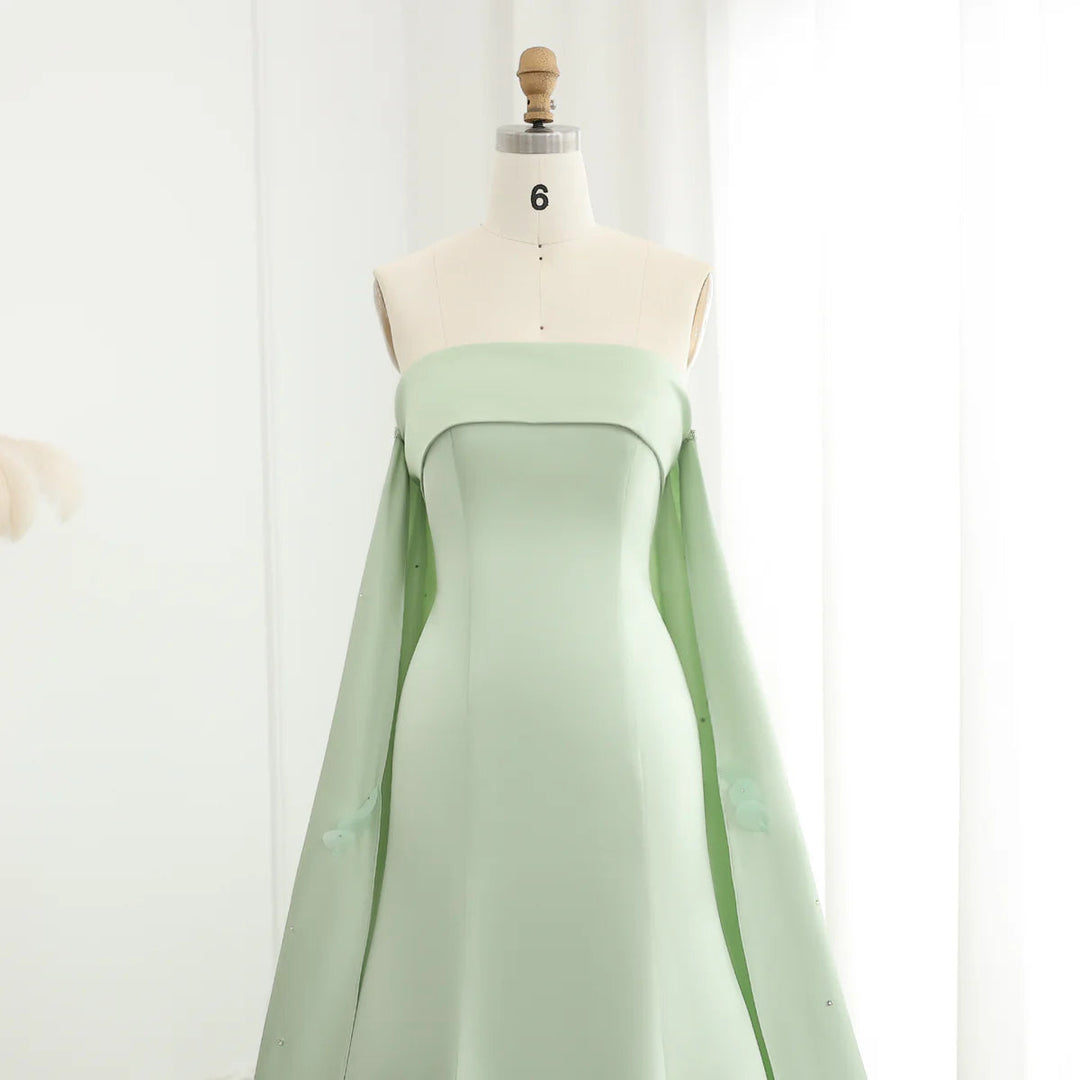 Dreamy Vow Luxury Crystal 3D Leaves Sage Green Dubai Evening Dress with Cape Arabic Women Wedding Party Gowns SS449-DreamyVow