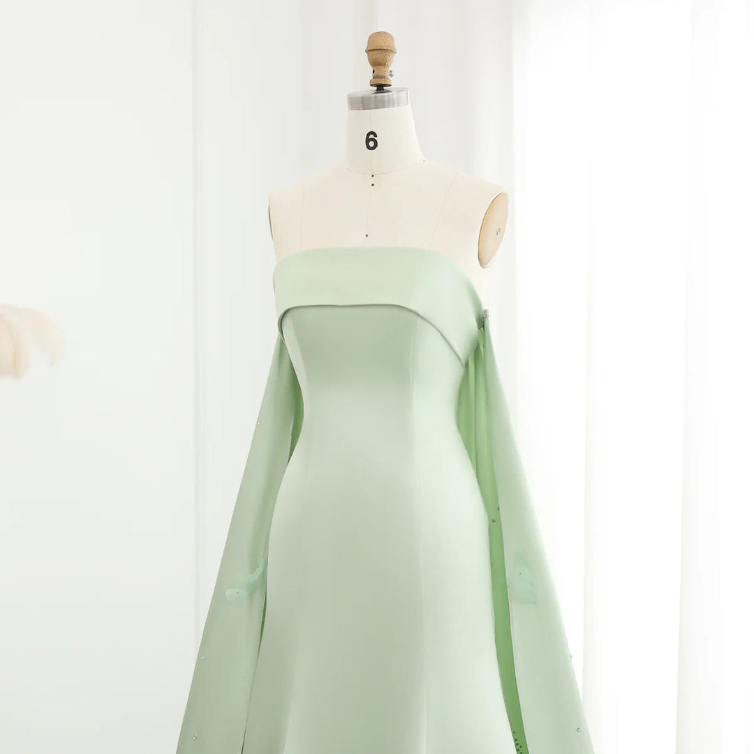 Dreamy Vow Luxury Crystal 3D Leaves Sage Green Dubai Evening Dress with Cape Arabic Women Wedding Party Gowns SS449-DreamyVow