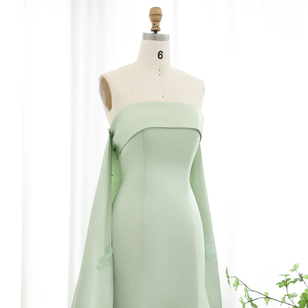 Dreamy Vow Luxury Crystal 3D Leaves Sage Green Dubai Evening Dress with Cape Arabic Women Wedding Party Gowns SS449-DreamyVow