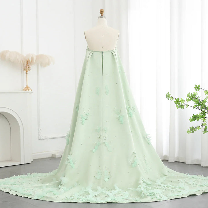 Dreamy Vow Luxury Crystal 3D Leaves Sage Green Dubai Evening Dress with Cape Arabic Women Wedding Party Gowns SS449-DreamyVow