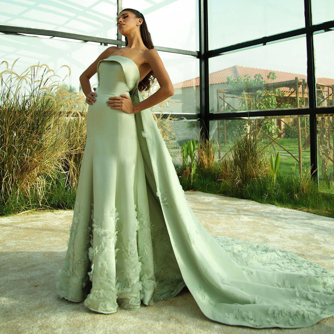 Dreamy Vow Luxury Crystal 3D Leaves Sage Green Dubai Evening Dress with Cape Arabic Women Wedding Party Gowns SS449-DreamyVow