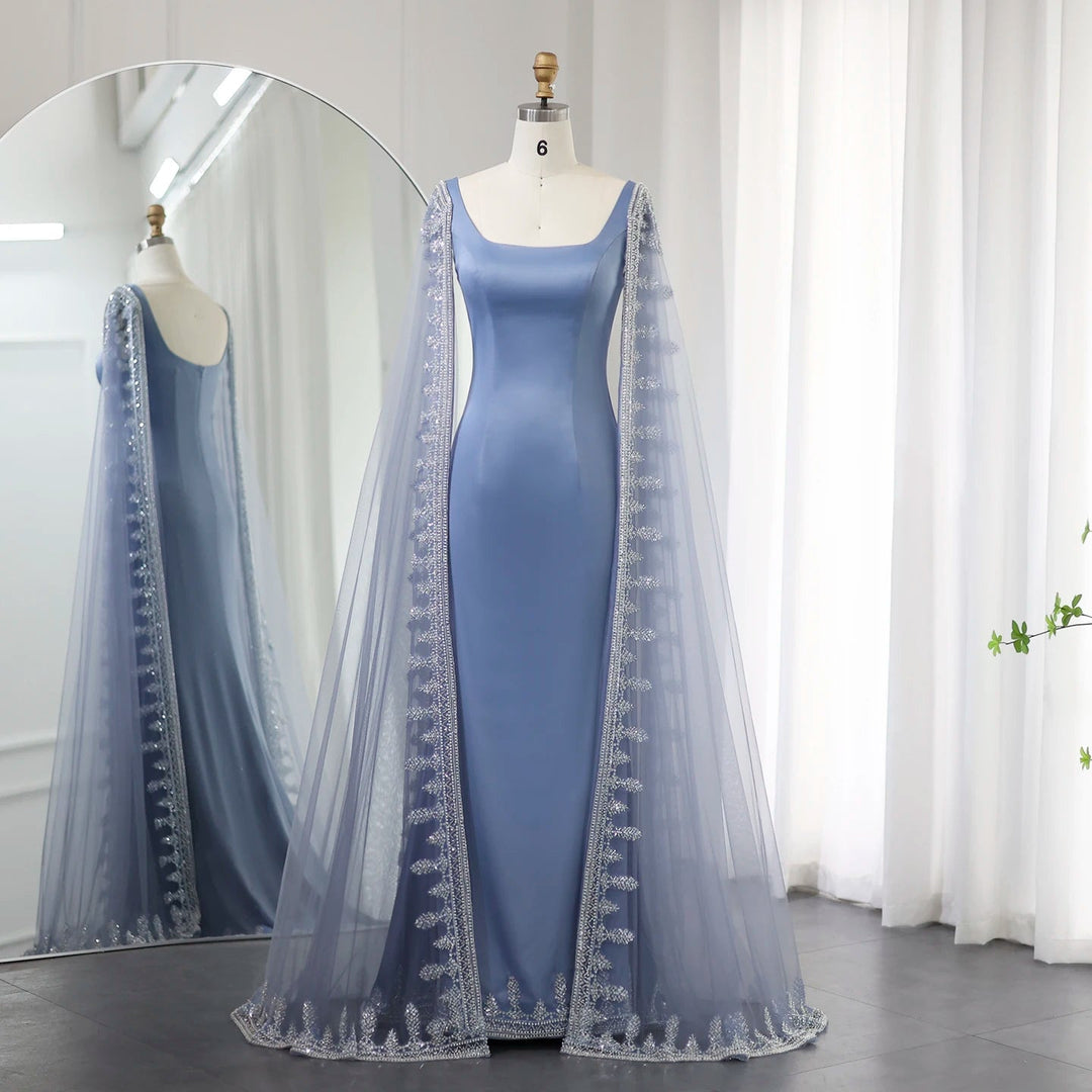 Dreamy Vow Luxury Crystal Blue Mermaid Dubai Evening Dresses with Cape Sleeves Elegant Arabic Women Wedding Party Gowns SS445-DreamyVow