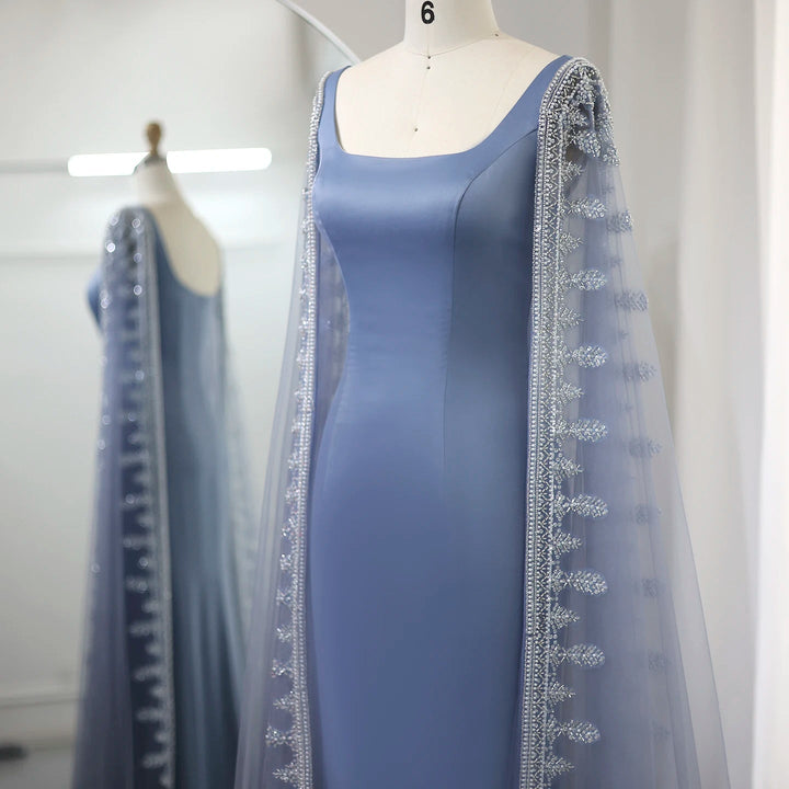 Dreamy Vow Luxury Crystal Blue Mermaid Dubai Evening Dresses with Cape Sleeves Elegant Arabic Women Wedding Party Gowns SS445-DreamyVow