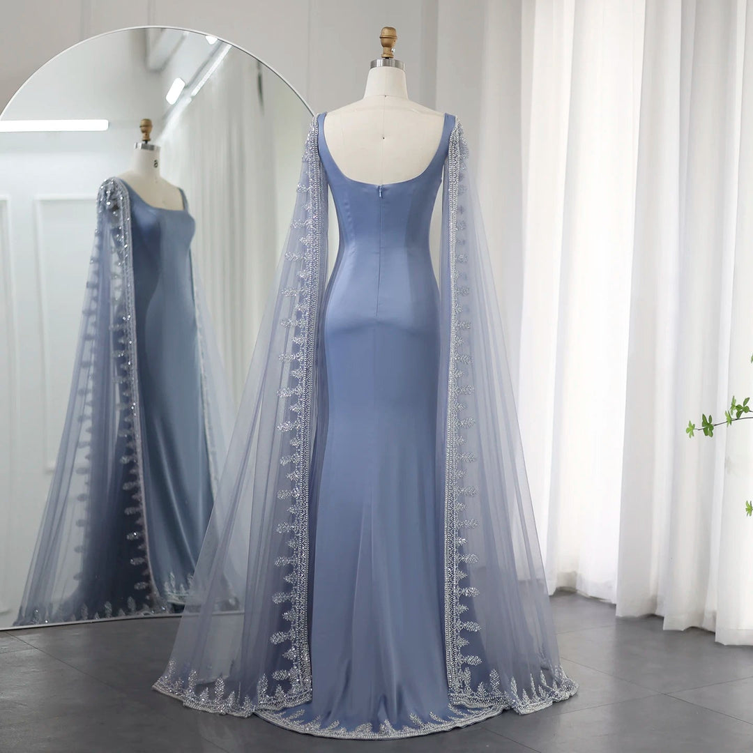 Dreamy Vow Luxury Crystal Blue Mermaid Dubai Evening Dresses with Cape Sleeves Elegant Arabic Women Wedding Party Gowns SS445-DreamyVow