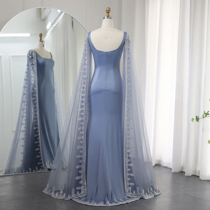 Dreamy Vow Luxury Crystal Blue Mermaid Dubai Evening Dresses with Cape Sleeves Elegant Arabic Women Wedding Party Gowns SS445-DreamyVow