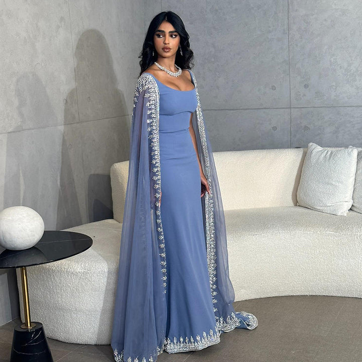 Dreamy Vow Luxury Crystal Blue Mermaid Dubai Evening Dresses with Cape Sleeves Elegant Arabic Women Wedding Party Gowns 445