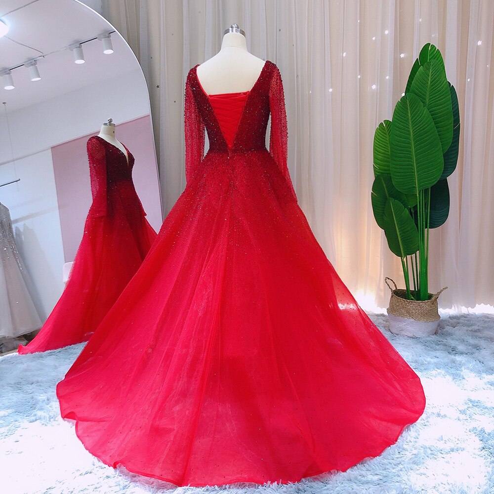 Dreamy Vow Luxury Crystal Burgundy Evening Dresses with Overskirt Long Sleeves Elegant Arabic Women Wedding Party Gowns SS293-DreamyVow