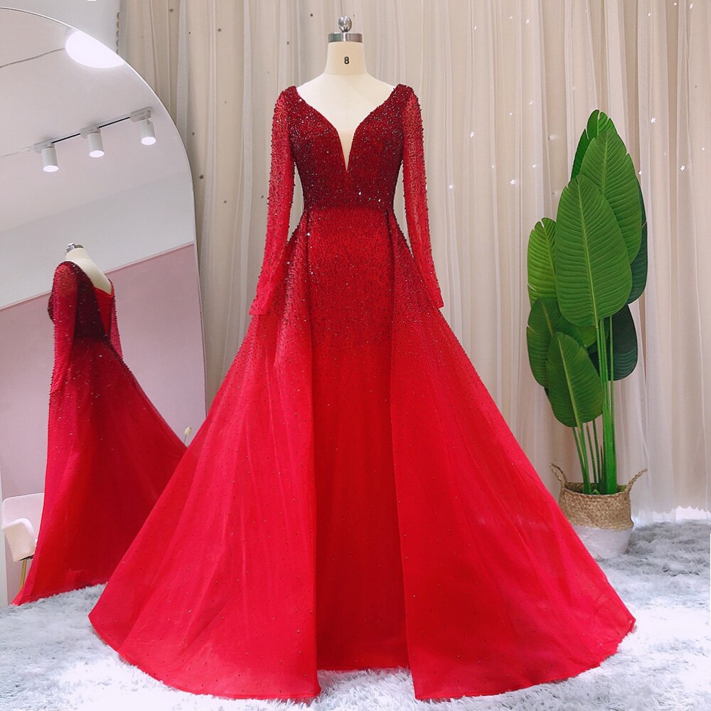 Dreamy Vow Luxury Crystal Burgundy Evening Dresses with Overskirt Long Sleeves Elegant Arabic Women Wedding Party Gowns SS293-DreamyVow