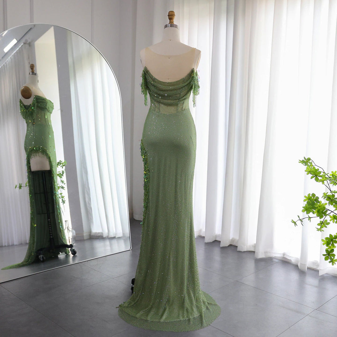 Dreamy Vow Luxury Crystal Dubai Sage Green Evening Dresses Orange Arabic High Slit Prom Dress for Women Wedding Party 382