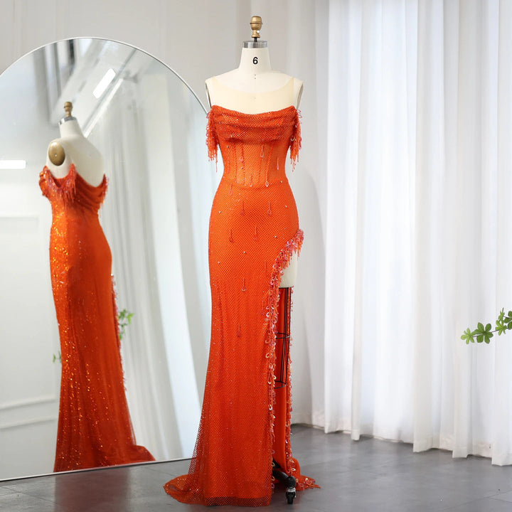 Dreamy Vow Luxury Crystal Dubai Sage Green Evening Dresses Orange Arabic High Slit Prom Dress for Women Wedding Party 382