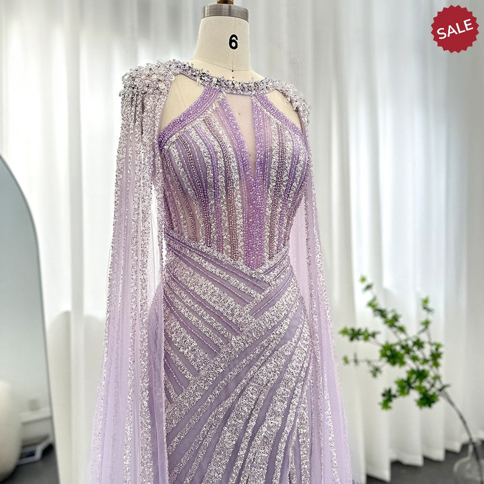 Dreamy Vow Luxury Crystal Dubai Yellow Evening Dress with Cape Sleeves 2023 Lilac Arabic Mermaid Women Wedding Party Gown 203