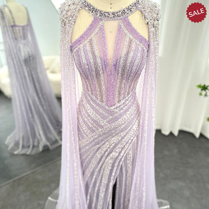 Dreamy Vow Luxury Crystal Dubai Yellow Evening Dress with Cape Sleeves 2023 Lilac Arabic Mermaid Women Wedding Party Gown 203