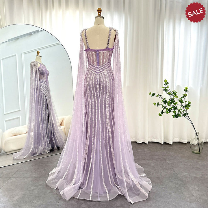 Dreamy Vow Luxury Crystal Dubai Yellow Evening Dress with Cape Sleeves 2023 Lilac Arabic Mermaid Women Wedding Party Gown 203