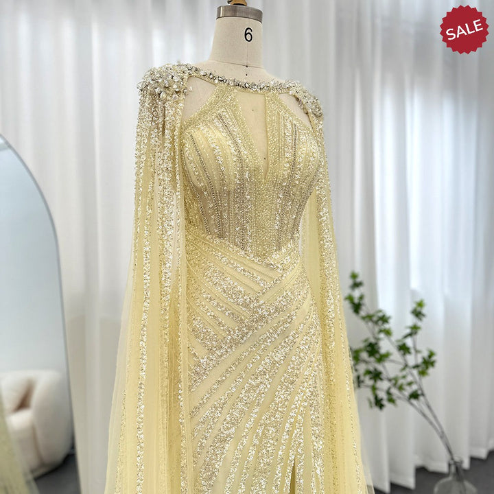 Dreamy Vow Luxury Crystal Dubai Yellow Evening Dress with Cape Sleeves 2023 Lilac Arabic Mermaid Women Wedding Party Gown 203