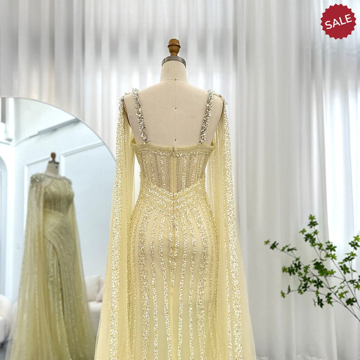 Dreamy Vow Luxury Crystal Dubai Yellow Evening Dress with Cape Sleeves 2023 Lilac Arabic Mermaid Women Wedding Party Gown 203