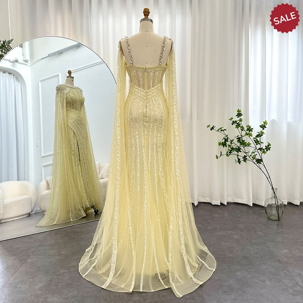 Dreamy Vow Luxury Crystal Dubai Yellow Evening Dress with Cape Sleeves 2023 Lilac Arabic Mermaid Women Wedding Party Gown 203