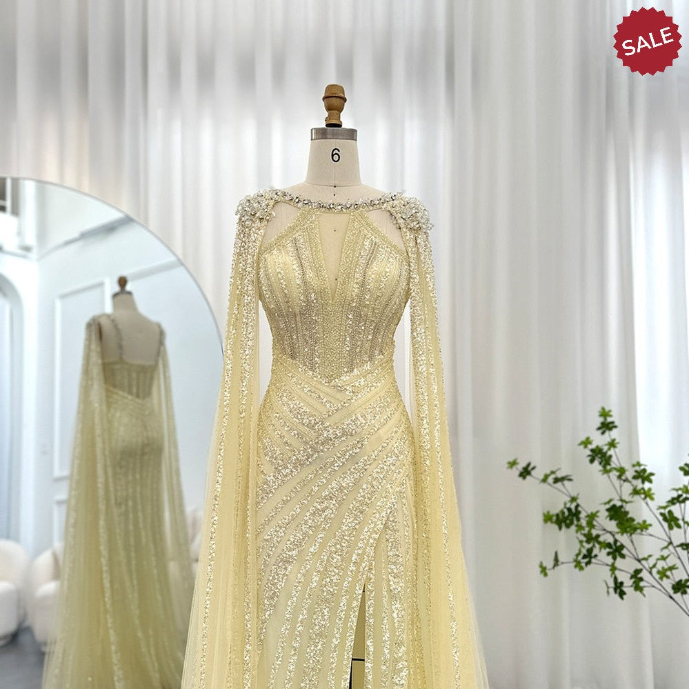 Dreamy Vow Luxury Crystal Dubai Yellow Evening Dress with Cape Sleeves 2023 Lilac Arabic Mermaid Women Wedding Party Gown 203