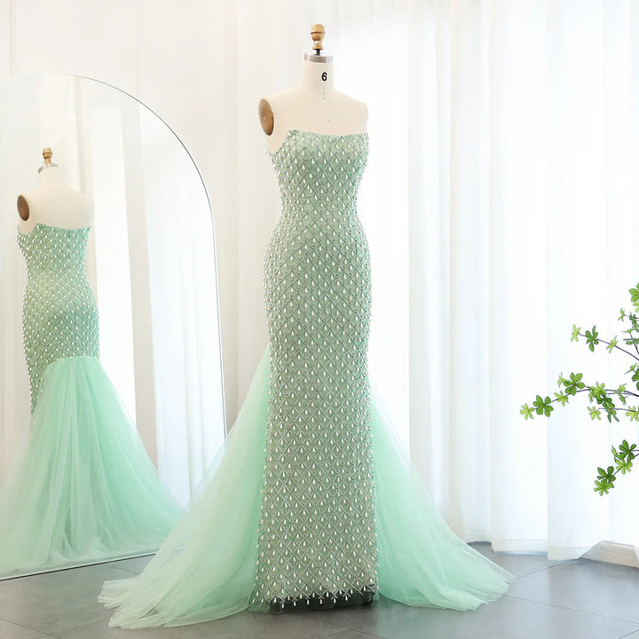 Dreamy Vow Luxury Crystal Pearls Mermaid Sage Green Evening Dress with Cape Arabic Dubai Elegant Women Wedding Party Gown SS431-DreamyVow