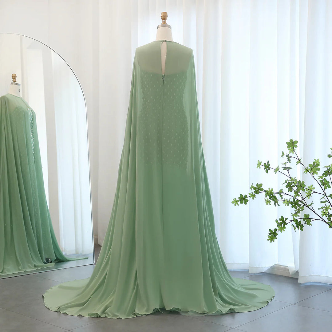 Dreamy Vow Luxury Crystal Pearls Mermaid Sage Green Evening Dress with Cape Arabic Dubai Elegant Women Wedding Party Gown SS431-DreamyVow