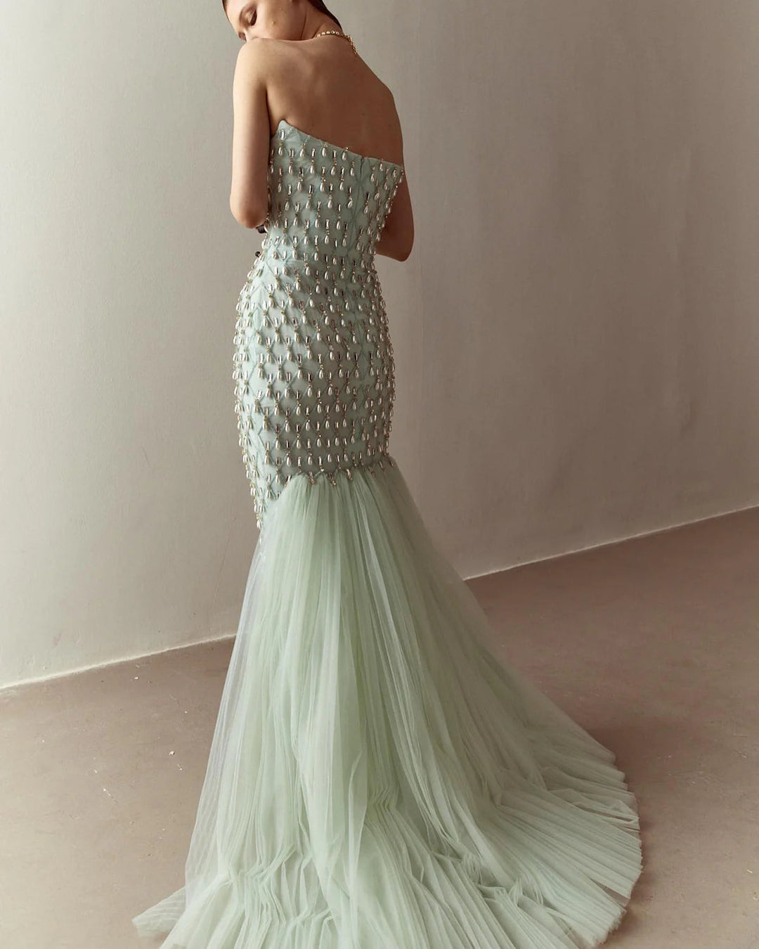 Dreamy Vow Luxury Crystal Pearls Mermaid Sage Green Evening Dress with Cape Arabic Dubai Elegant Women Wedding Party Gown SS431-DreamyVow