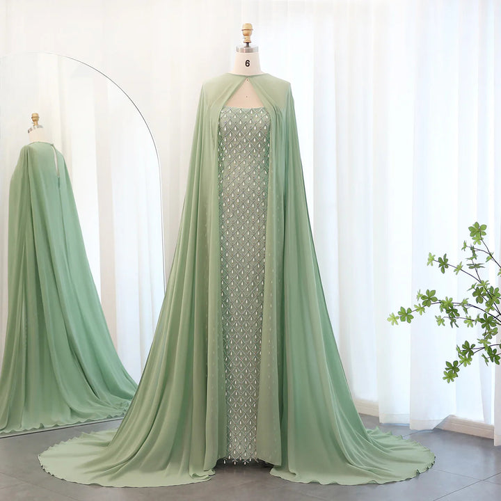 Dreamy Vow Luxury Crystal Pearls Mermaid Sage Green Evening Dress with Cape Arabic Dubai Elegant Women Wedding Party Gown SS431-DreamyVow