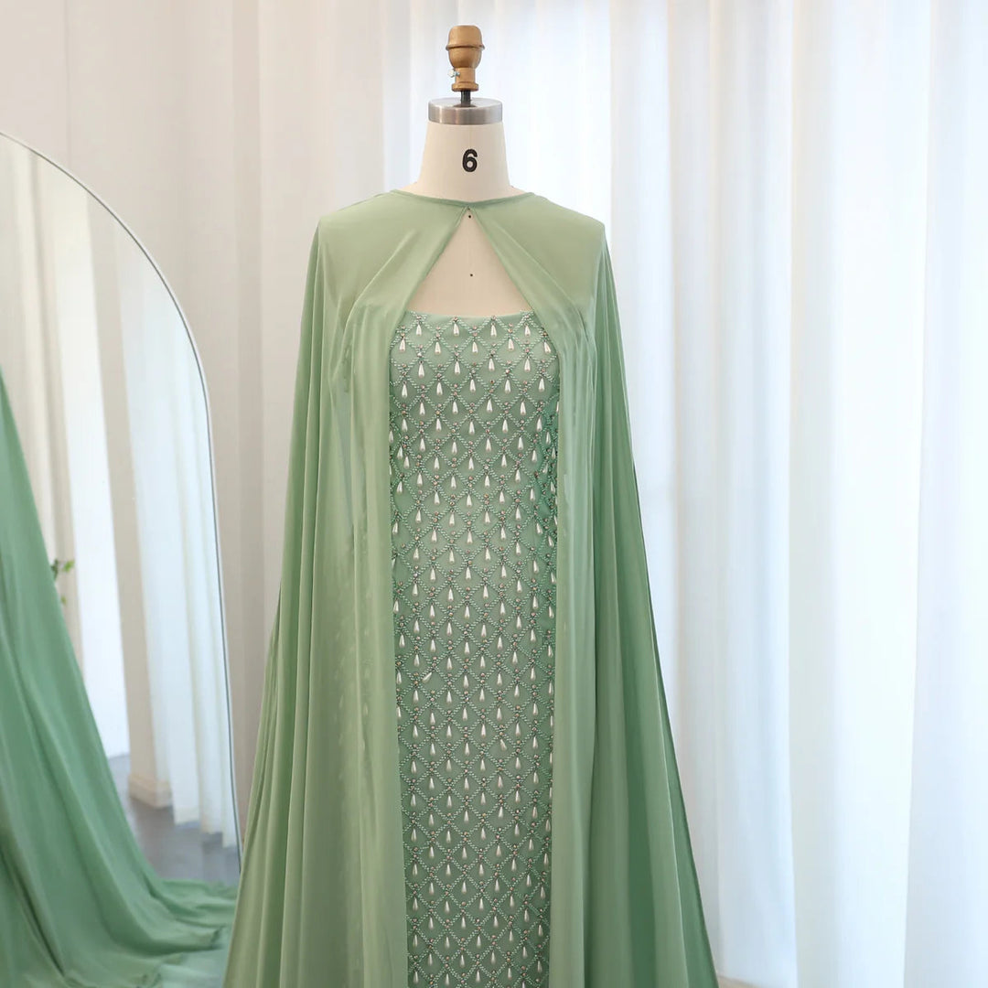 Dreamy Vow Luxury Crystal Pearls Mermaid Sage Green Evening Dress with Cape Arabic Dubai Elegant Women Wedding Party Gown SS431-DreamyVow