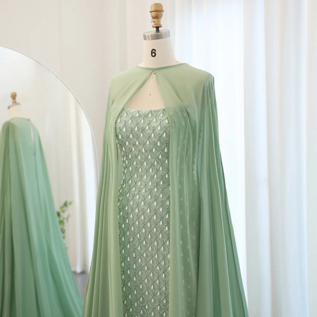 Dreamy Vow Luxury Crystal Pearls Mermaid Sage Green Evening Dress with Cape Arabic Dubai Elegant Women Wedding Party Gown SS431-DreamyVow