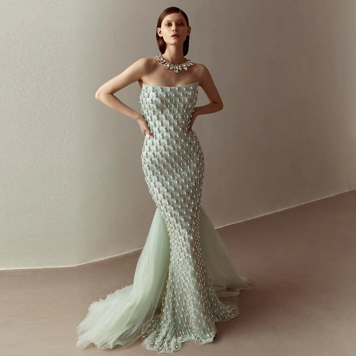 Dreamy Vow Luxury Crystal Pearls Mermaid Sage Green Evening Dress with Cape Arabic Dubai Elegant Women Wedding Party Gown SS431-DreamyVow