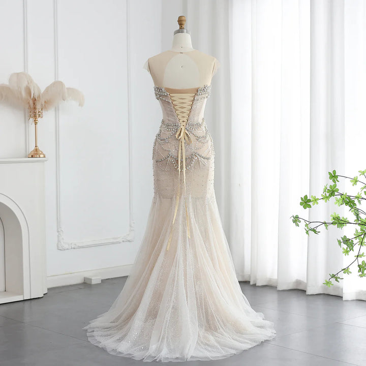 Dreamy Vow Luxury Crystal Pearls White Nude Mermaid Wedding Dresses for Women Engagement Bridal Party Gowns SS528-DreamyVow