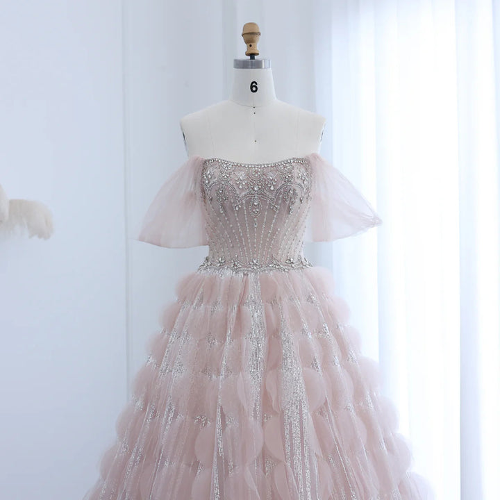 Dreamy Vow Luxury Crystal Princess Ball Gown Blush Pink Ruffles Evening Dress for Women Wedding Engament Party Dress SS533-DreamyVow