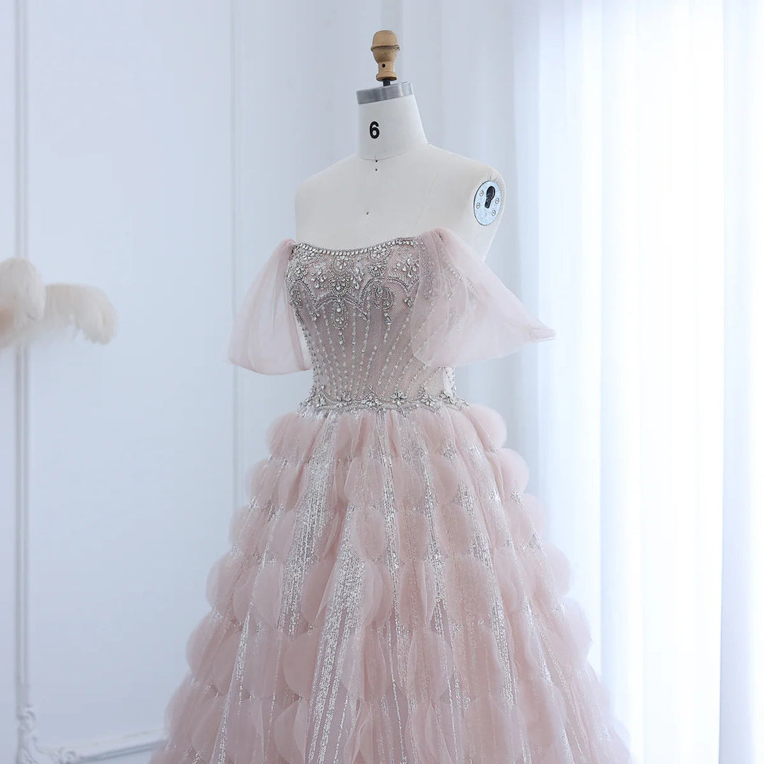 Dreamy Vow Luxury Crystal Princess Ball Gown Blush Pink Ruffles Evening Dress for Women Wedding Engament Party Dress SS533-DreamyVow