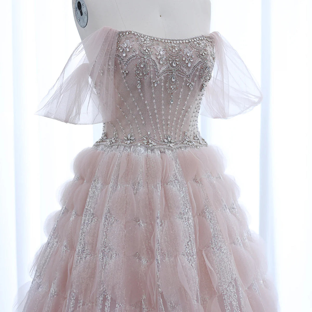 Dreamy Vow Luxury Crystal Princess Ball Gown Blush Pink Ruffles Evening Dress for Women Wedding Engament Party Dress SS533-DreamyVow