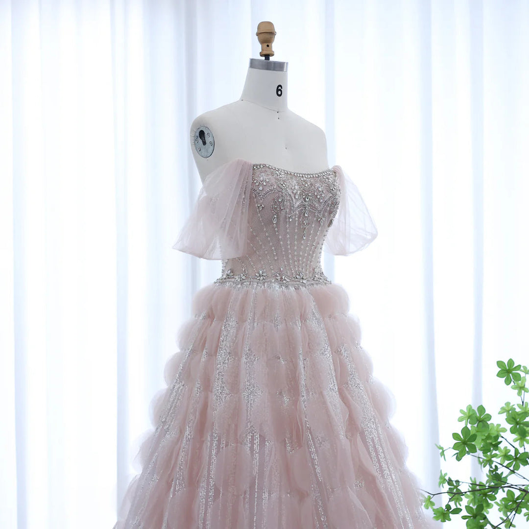 Dreamy Vow Luxury Crystal Princess Ball Gown Blush Pink Ruffles Evening Dress for Women Wedding Engament Party Dress SS533-DreamyVow