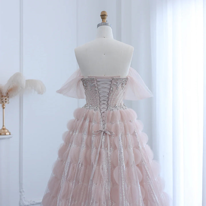 Dreamy Vow Luxury Crystal Princess Ball Gown Blush Pink Ruffles Evening Dress for Women Wedding Engament Party Dress SS533-DreamyVow