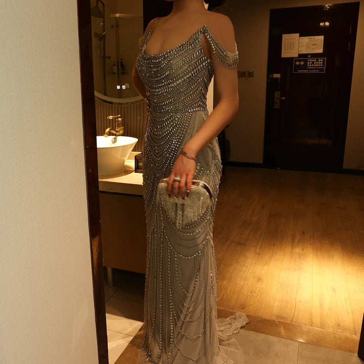 Dreamy Vow Luxury Crystal Silver Gray Mermaid Dubai Evening Dresses for Women Wedding Long Black Prom Party Gowns SS403