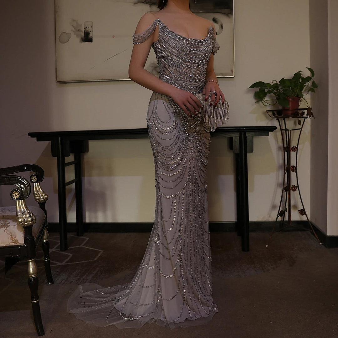 Dreamy Vow Luxury Crystal Silver Gray Mermaid Dubai Evening Dresses for Women Wedding Long Black Prom Party Gowns SS403