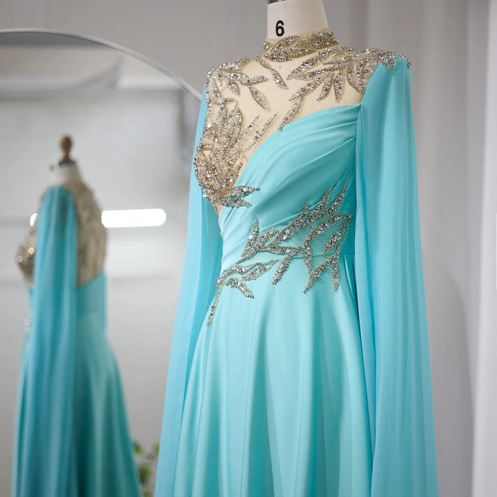 Dreamy Vow Luxury Crystal Turquoise Blue Evening Dress with Cap Sleeves 2024 High Neck Arabic Women Wedding Party Dress SS207-DreamyVow