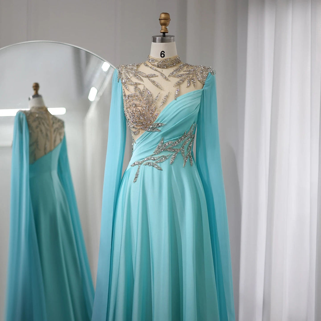 Dreamy Vow Luxury Crystal Turquoise Blue Evening Dress with Cap Sleeves 2024 High Neck Arabic Women Wedding Party Dress SS207-DreamyVow