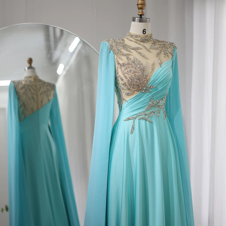 Dreamy Vow Luxury Crystal Turquoise Blue Evening Dress with Cap Sleeves 2024 High Neck Arabic Women Wedding Party Dress SS207-DreamyVow