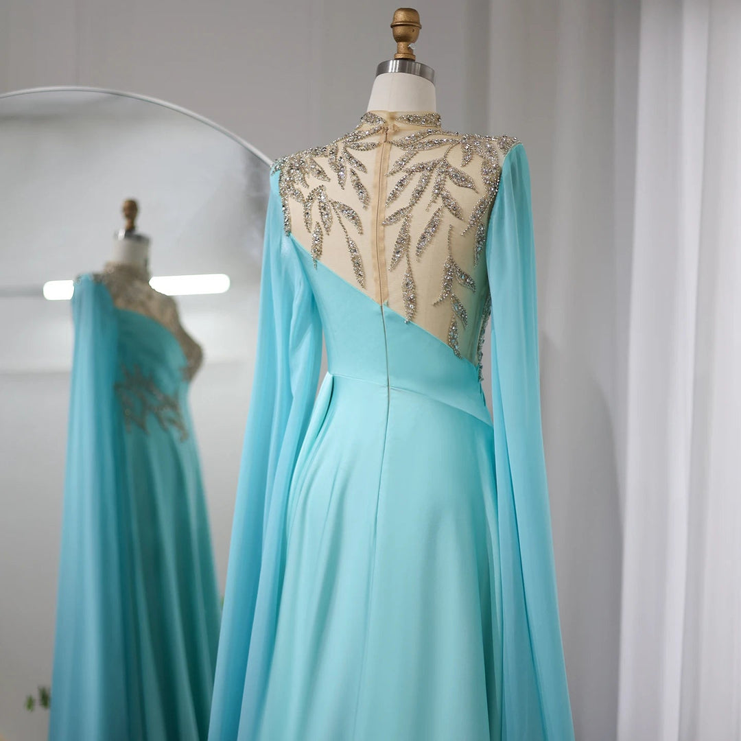 Dreamy Vow Luxury Crystal Turquoise Blue Evening Dress with Cap Sleeves 2024 High Neck Arabic Women Wedding Party Dress SS207-DreamyVow