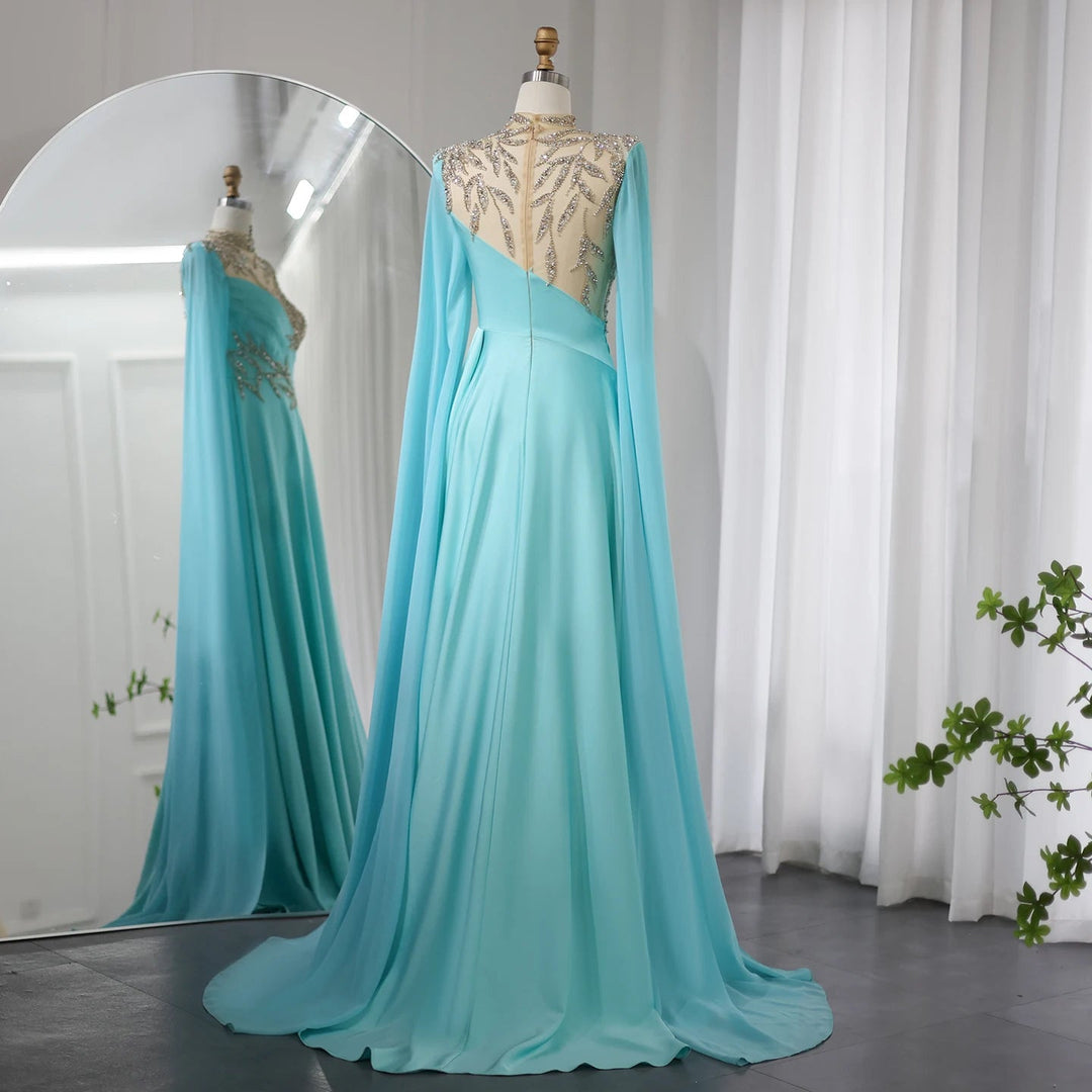 Dreamy Vow Luxury Crystal Turquoise Blue Evening Dress with Cap Sleeves 2024 High Neck Arabic Women Wedding Party Dress SS207-DreamyVow