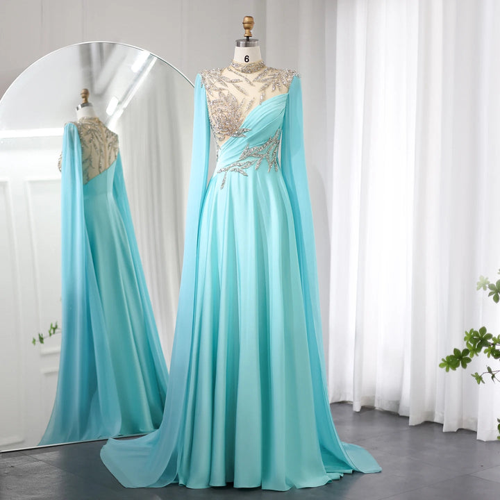 Dreamy Vow Luxury Crystal Turquoise Blue Evening Dress with Cap Sleeves 2024 High Neck Arabic Women Wedding Party Dress SS207-DreamyVow