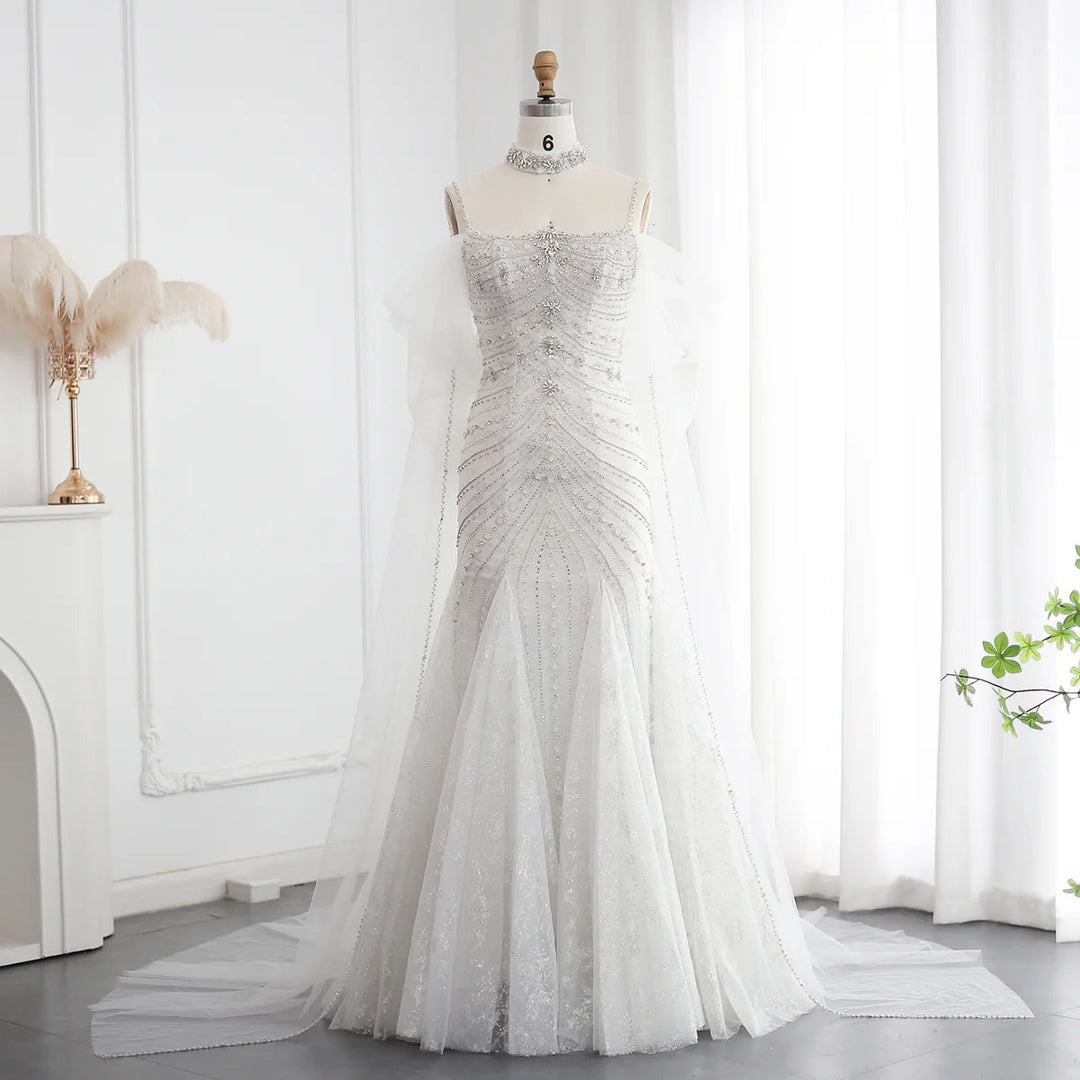 Dreamy Vow Luxury Crystal White Mermaid Wedding Dress with Cape Bow Spaghetti Straps Dubai Women Engagement Bridal Party Gowns SS527-DreamyVow