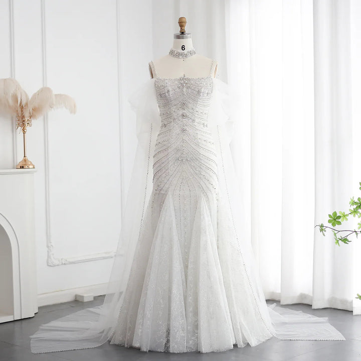 Dreamy Vow Luxury Crystal White Mermaid Wedding Dress with Cape Bow Spaghetti Straps Dubai Women Engagement Bridal Party Gowns SS527-DreamyVow