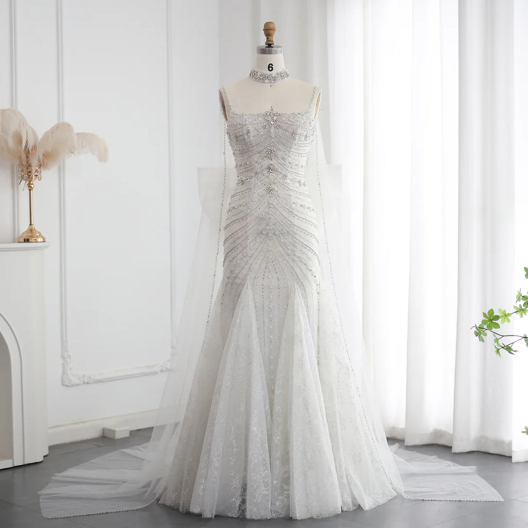 Dreamy Vow Luxury Crystal White Mermaid Wedding Dress with Cape Bow Spaghetti Straps Dubai Women Engagement Bridal Party Gowns SS527-DreamyVow