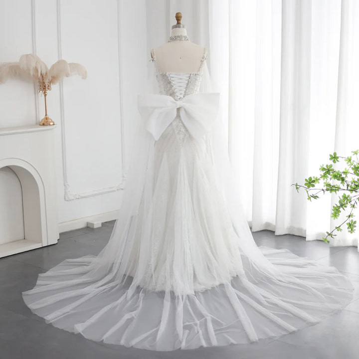 Dreamy Vow Luxury Crystal White Mermaid Wedding Dress with Cape Bow Spaghetti Straps Dubai Women Engagement Bridal Party Gowns SS527-DreamyVow