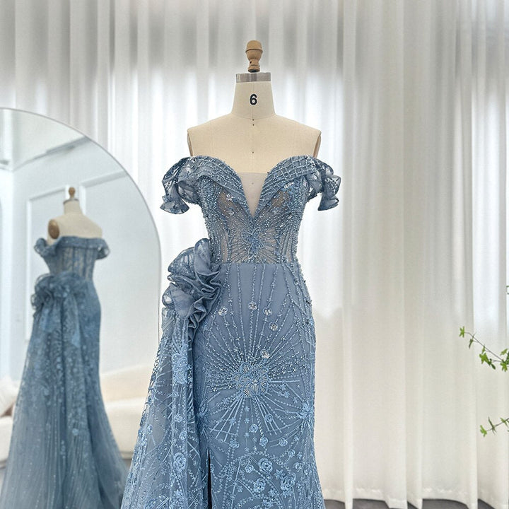 Dreamy Vow Luxury Dubai 3D Flowers Mermaid Blue Evening Dresses With Overskirt Elegant Plus Size Woman Wedding Party Gown 156