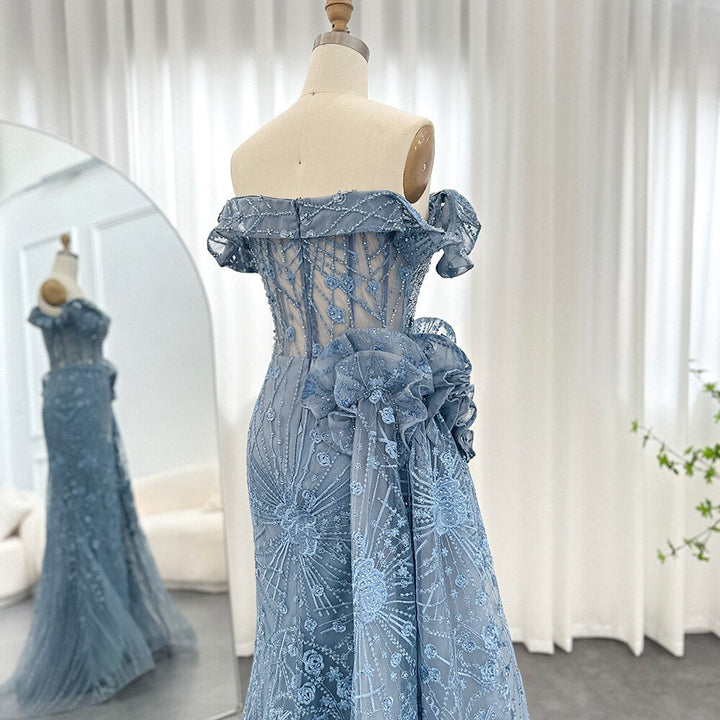 Dreamy Vow Luxury Dubai 3D Flowers Mermaid Blue Evening Dresses With Overskirt Elegant Plus Size Woman Wedding Party Gown 156